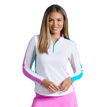 Load image into Gallery viewer, Ibkul Color Block Long Sleeve Mock Womens Golf QZ - Hot Pnk/Turquoi/L
- 1