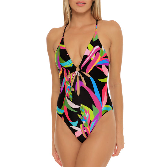 Trina Turk Birds of Paradise Cut Out Maillot Womens Swimsuit