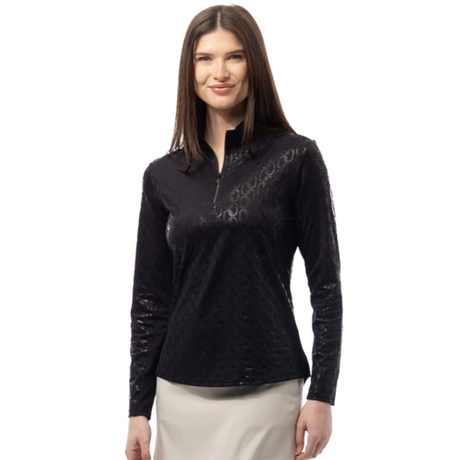 SanSoleil Solshine Foil Prnt Mock Wmn LS Sun Shirt - Block Chain Blk/XXL