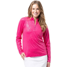 Load image into Gallery viewer, SanSoleil Solshine Foil Prnt Mock Wmn LS Sun Shirt - Chevy Pink/M
 - 2