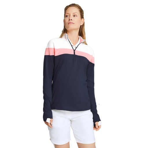 PUMA Lightweight Quarter-Zip Womens Golf Pullover - NAVY/KORAL 05/L