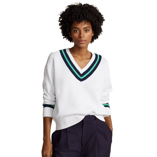 RLX Polo Golf V-Neck Cricket Womens Golf Sweater - White/Nvy/Green/M