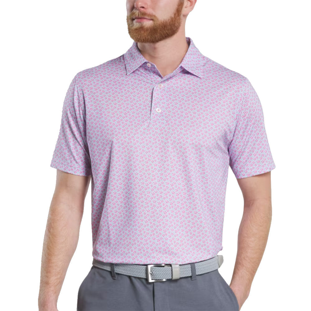 FootJoy Floral Sketch Print Lisle Mens Golf Polo - Pk Lemnd/Skyway/XL