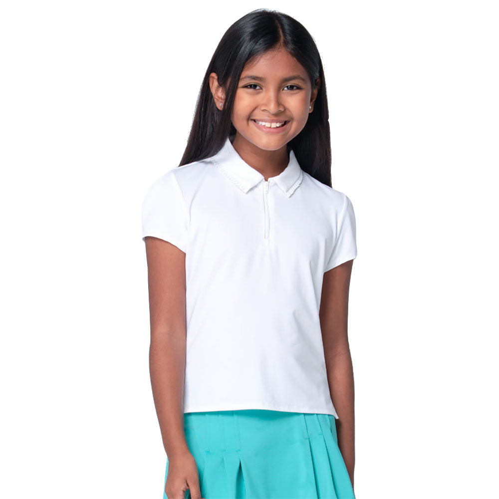 Lucky In Love Pleated Girls Short Sleeve Golf Polo - White/M