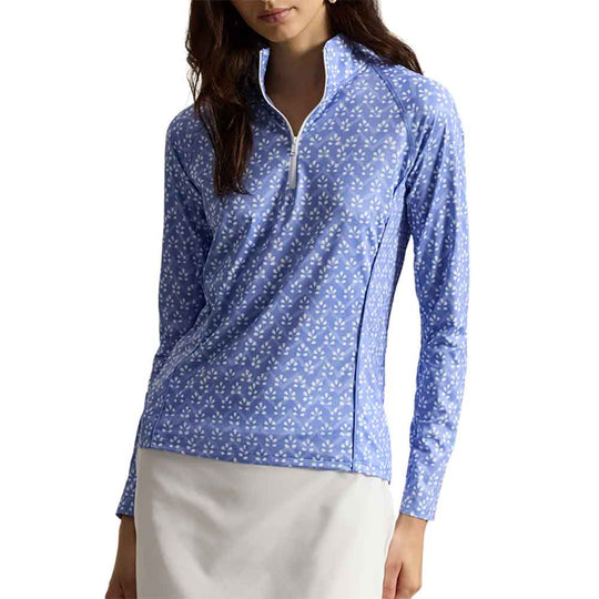 RLX Polo Golf Blue Mist Batik Womens Quarter-Zip Mock Neck Golf Pullover