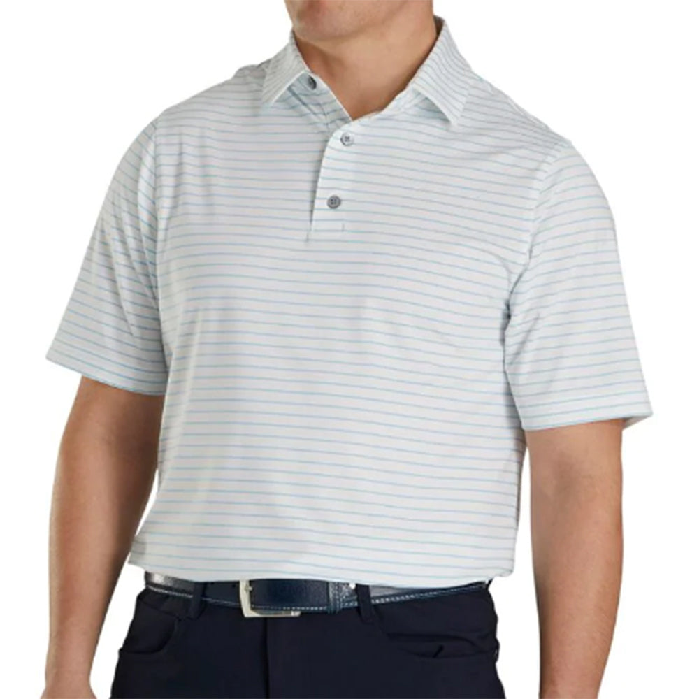 FootJoy Athletic Fit Classc Strp WH Mens Golf Polo - White/Blue/XL