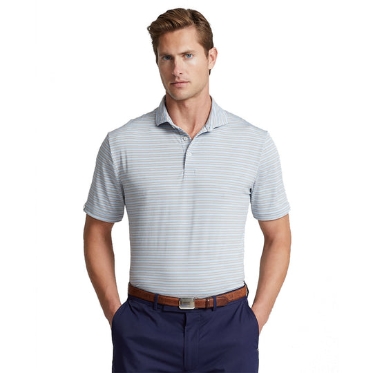 RLX Ralph Lauren Featherweight Tri-Color Stripe Elite Blue Mens Golf Polo